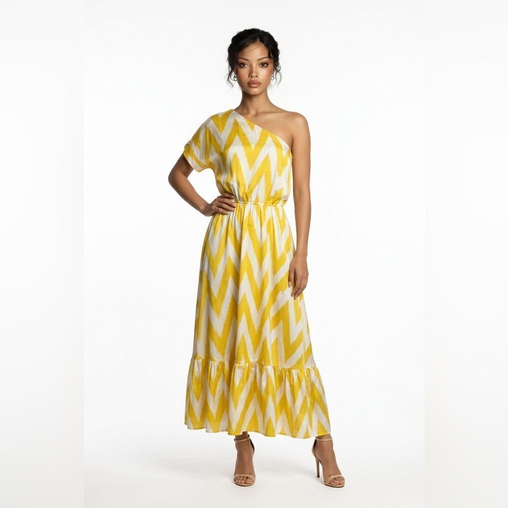 Punicana Sultan one sleeve silk blend Maxi dress in yellow and white size XS